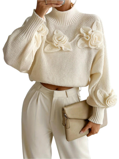 Appliqué Knit Floral Turtleneck Sweater - Durage Collection