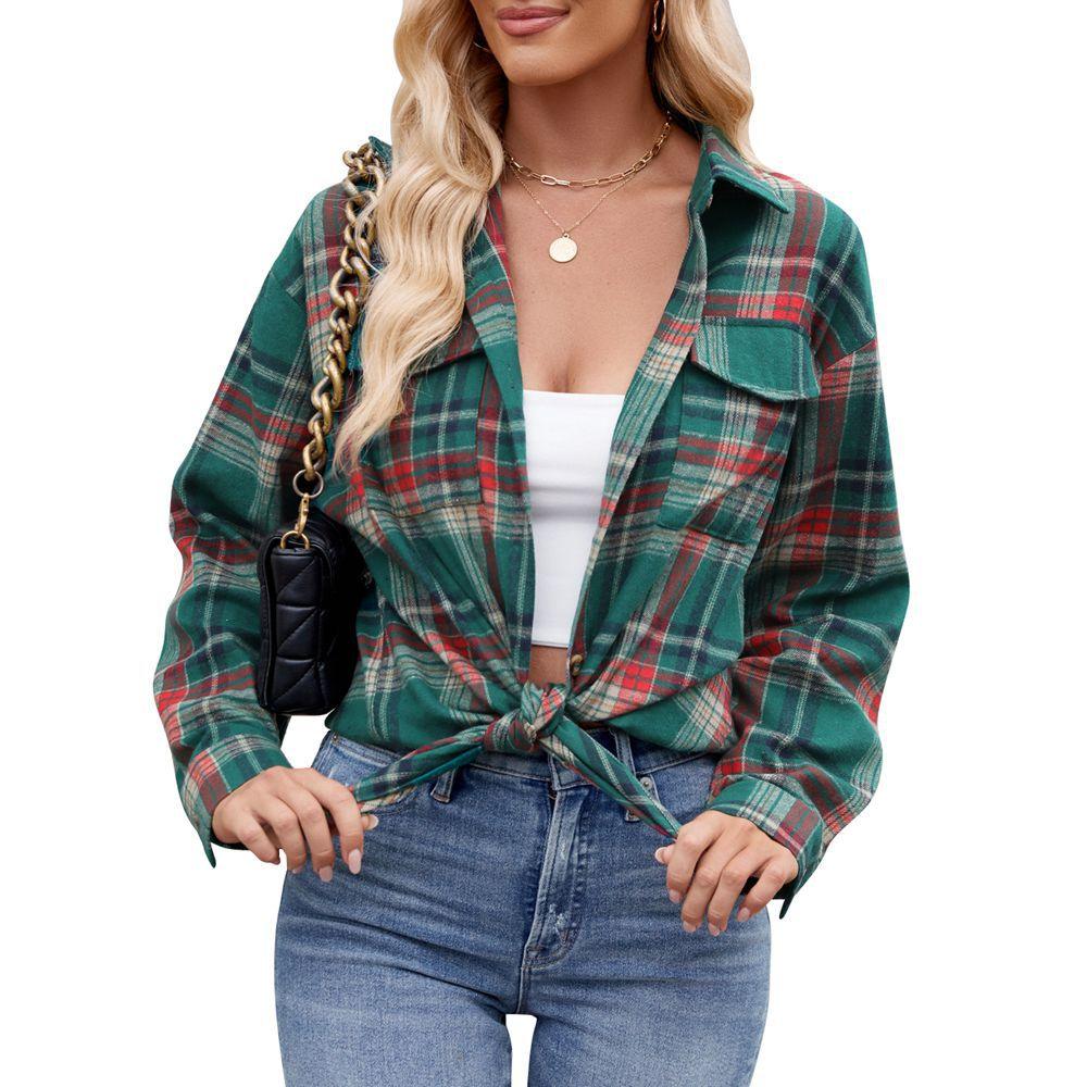 Casual Fashion Loose Plaid Pocket Shirt For Women - Durage Collection