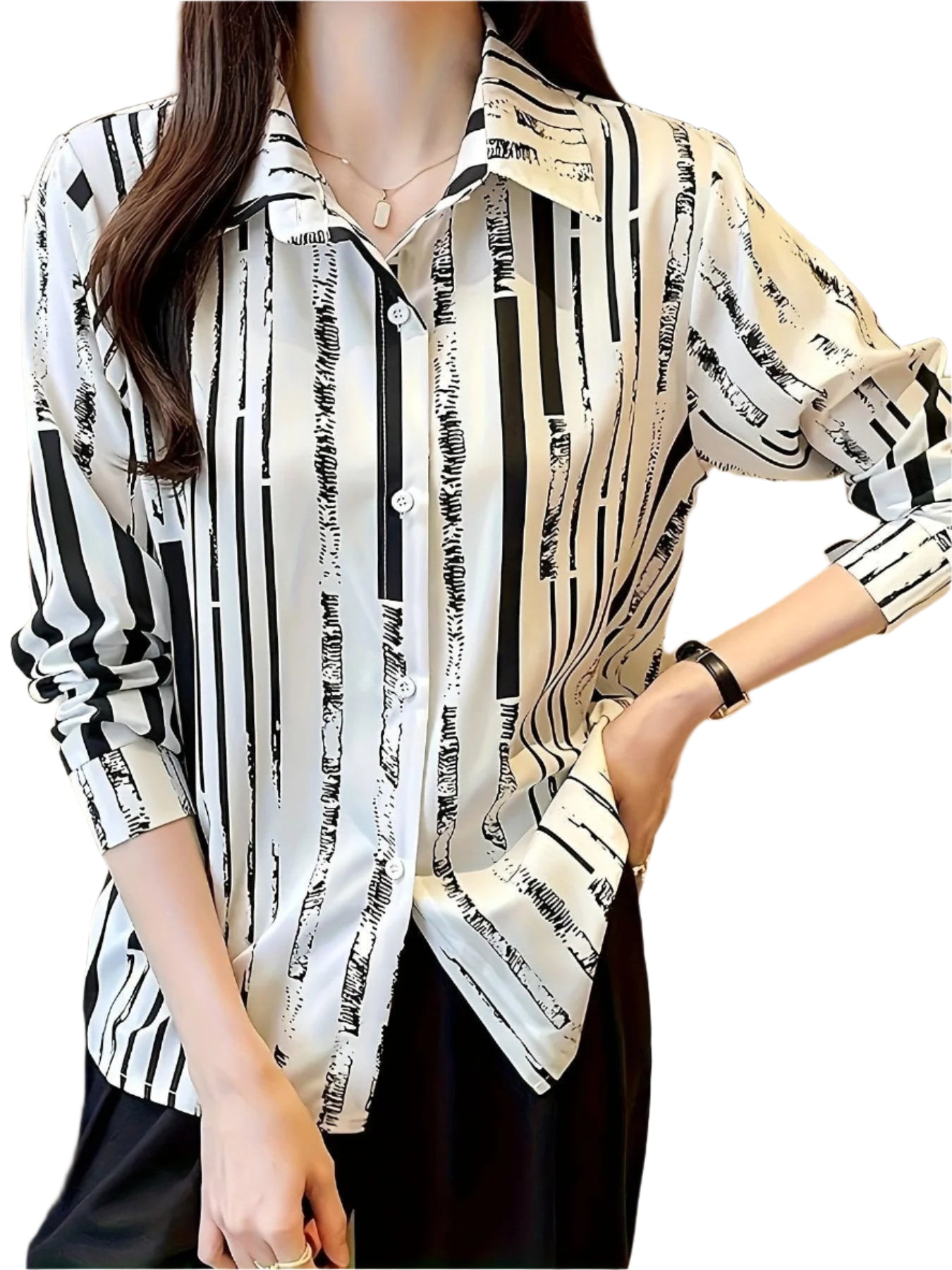 Striped Print Button Up Shirt, Elegant Long Sleeve Collared Shirt For Spring & Fall, Women's Clothing - Durage Collection