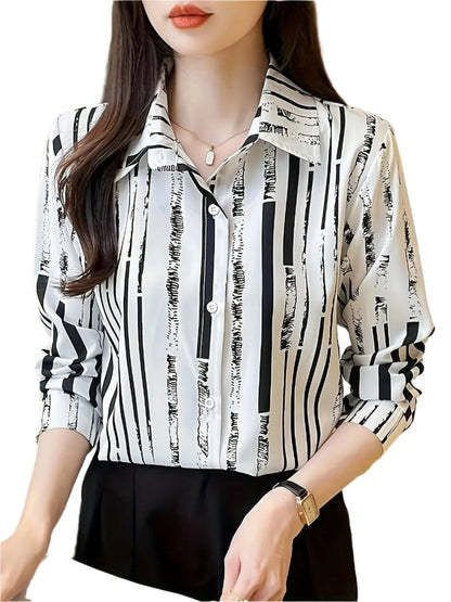 Striped Print Button Up Shirt, Elegant Long Sleeve Collared Shirt For Spring & Fall, Women's Clothing - Durage Collection