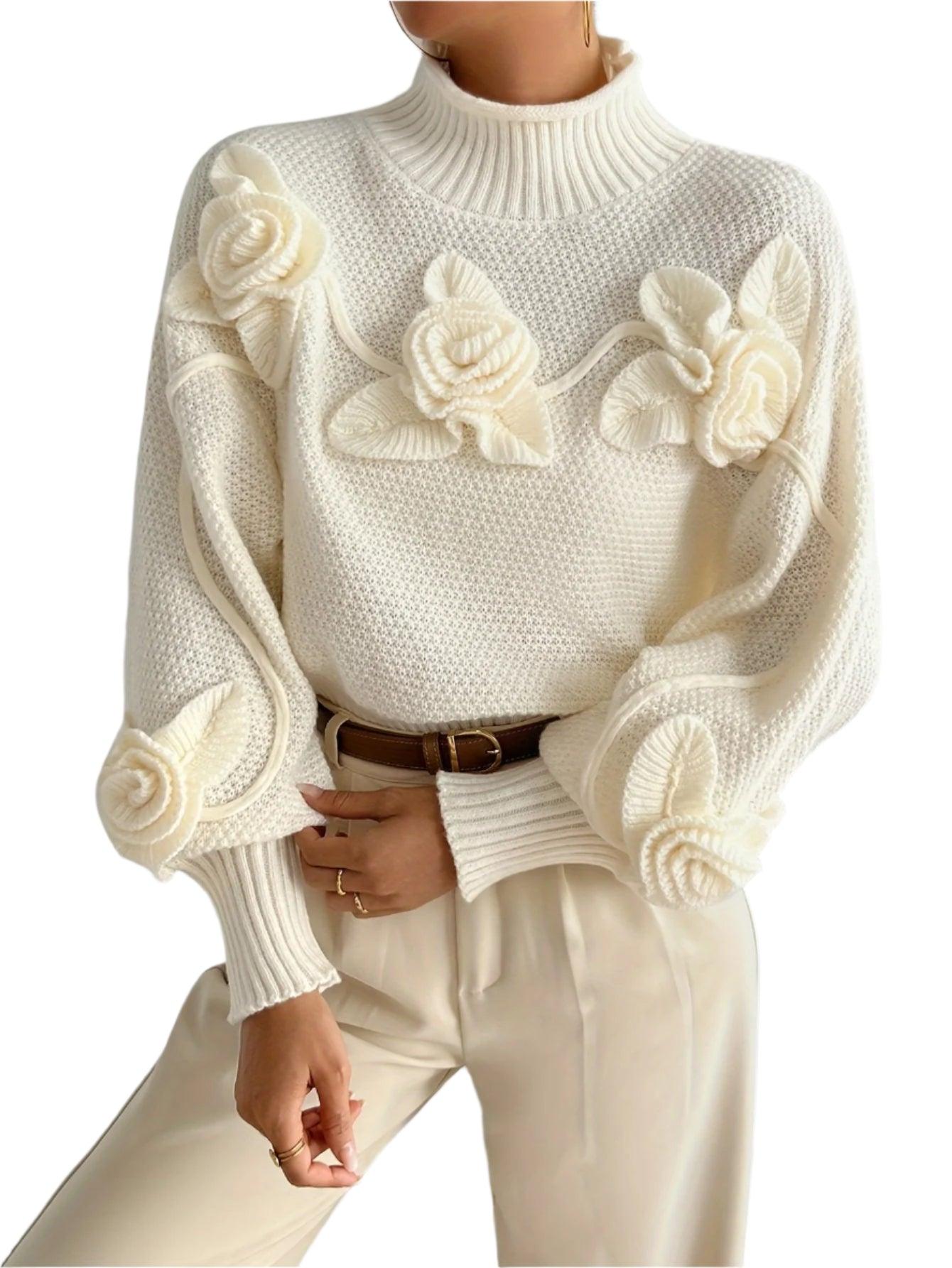 Appliqué Knit Floral Turtleneck Sweater - Durage Collection