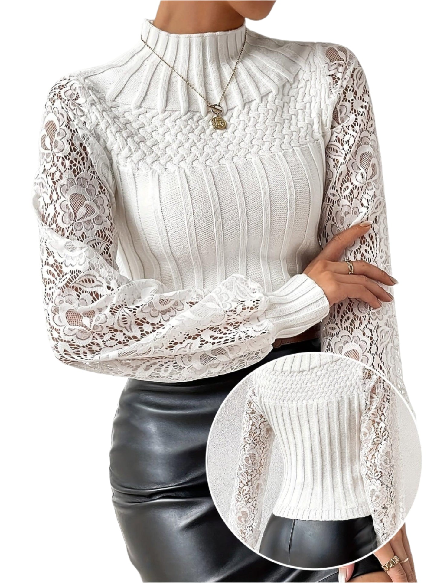 Elegant Guipure Lace Long Sleeve Turtle Neck Sweater - Women's Clothing For Fall & Winter - Durage Collection