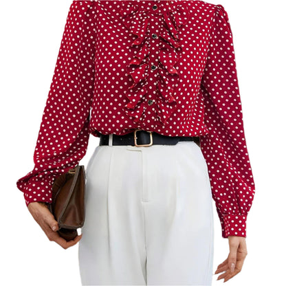 Elegant French Polka Dot Ruffle-Trim Blouse - Long Sleeve, Stand Collar, Polyester - Perfect for Evening Outings - Durage Collection