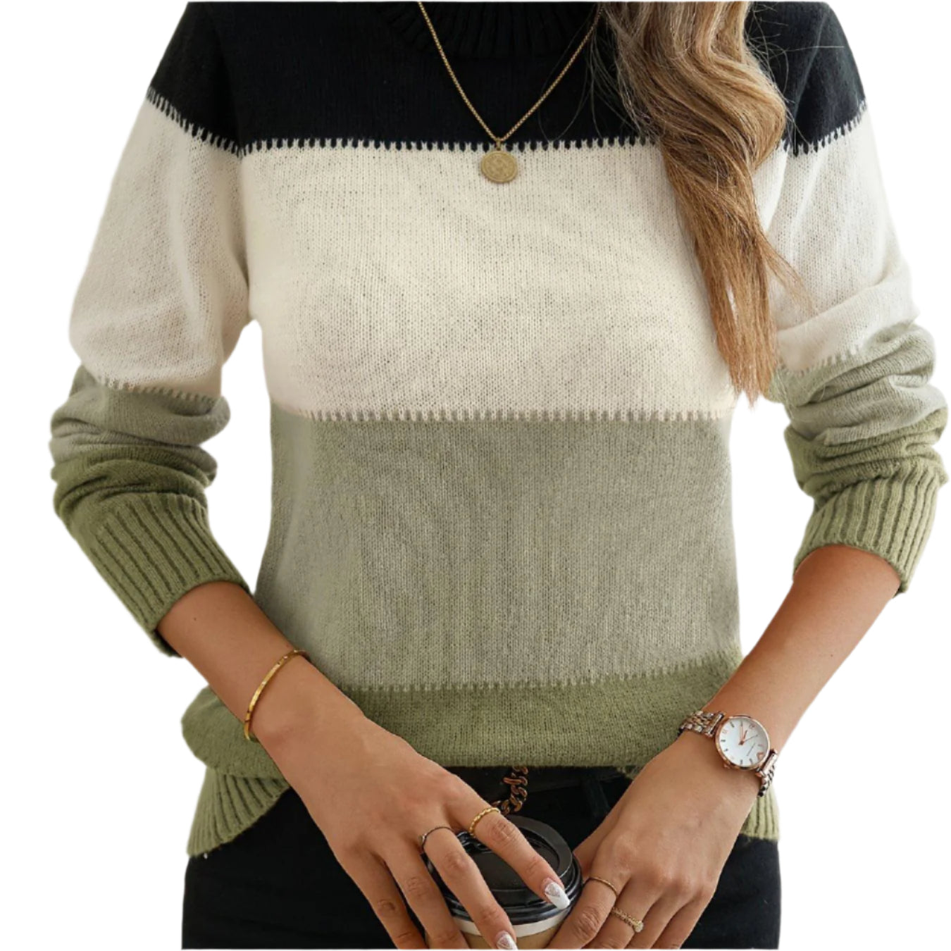 Elegant Thermal Color Block Crew Neck Sweater, Long Sleeve for Fall & Winter, Women's Clothing - Durage Collection