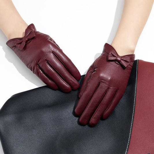 Elegant Burgundy Genuine Leather Gloves with Bow - Warm, Windproof & Stylish for Women | Perfect Christmas Party Accessory - Durage Collection