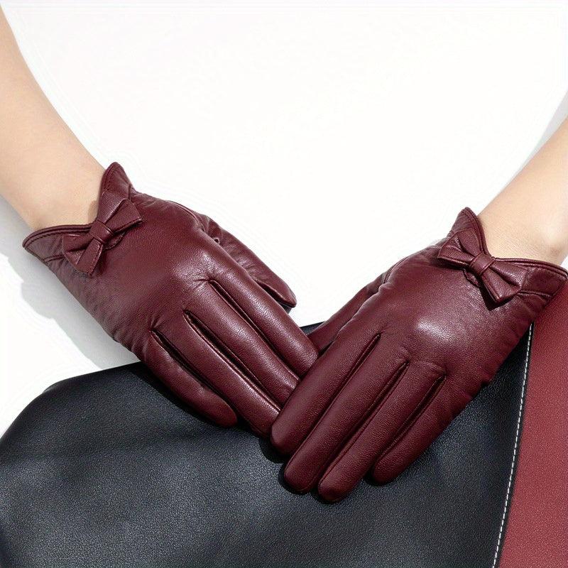 Elegant Burgundy Genuine Leather Gloves with Bow - Warm, Windproof & Stylish for Women | Perfect Christmas Party Accessory - Durage Collection