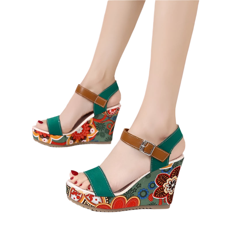 Fashion Flowers Embroidered High Wedge Sandals For Women Summer Toe Platform Buckle Shoes - Durage Collection