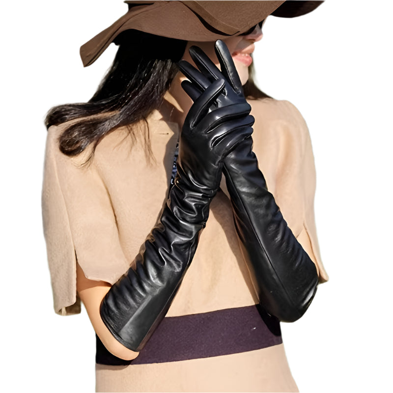 Elegant Long Genuine Leather Gloves for Women - Warm, Thin Sheepskin with Velvet Lining, Perfect for Autumn & Winter Outdoor Activities - Durage Collection