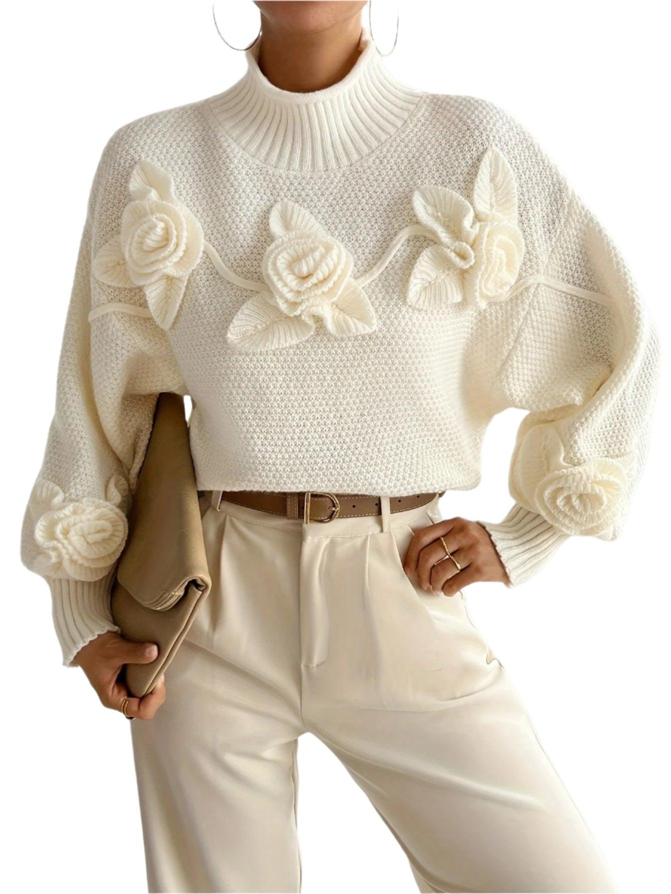 Appliqué Knit Floral Turtleneck Sweater - Durage Collection