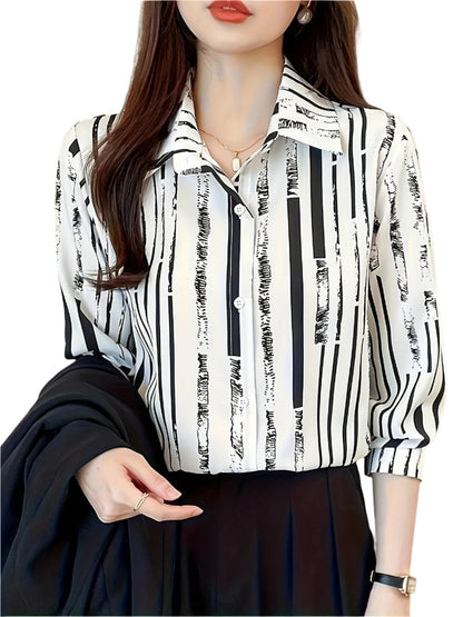 Striped Print Button Up Shirt, Elegant Long Sleeve Collared Shirt For Spring & Fall, Women's Clothing - Durage Collection