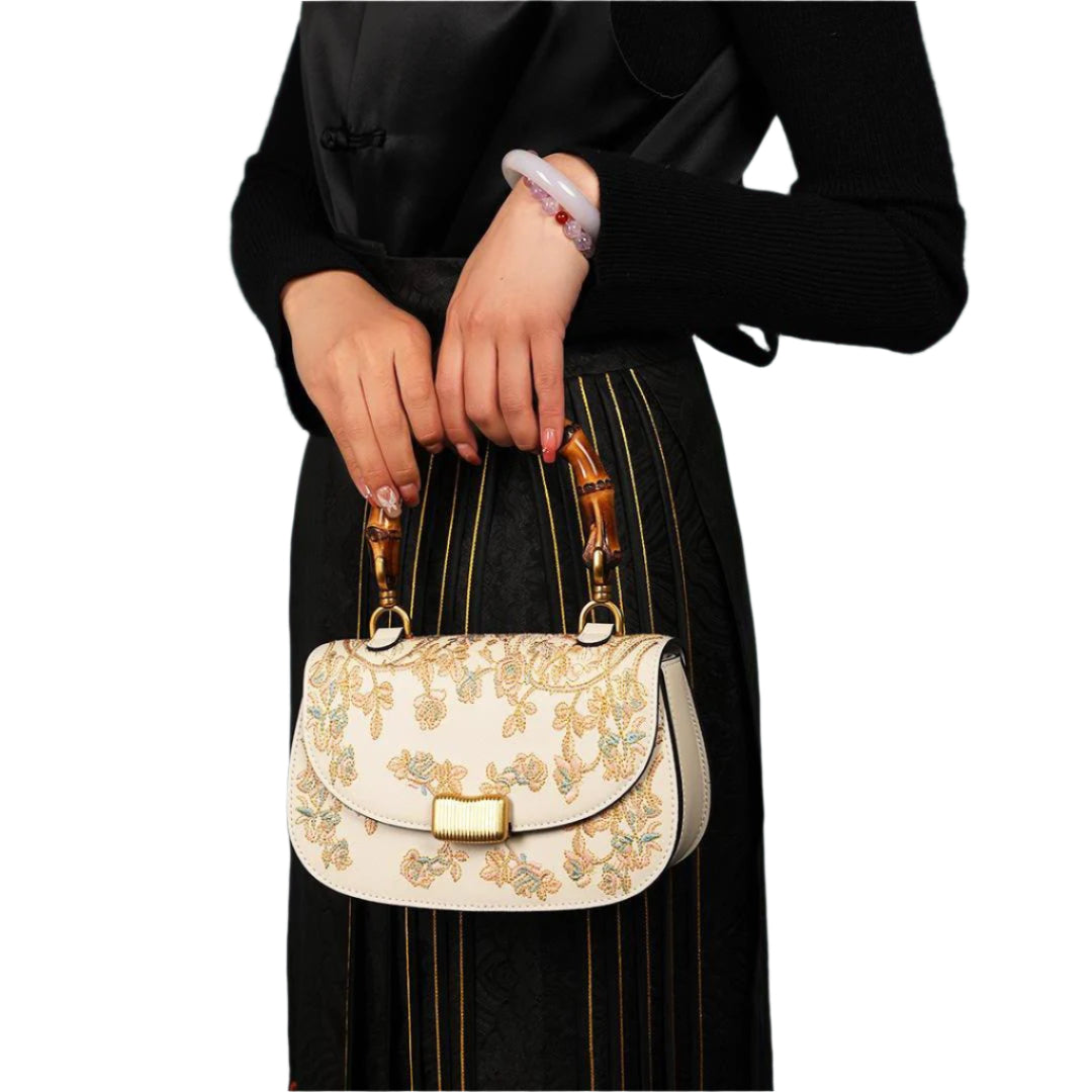 Cowhide Embroidery Ladies Bamboo Handbag - Durage Collection