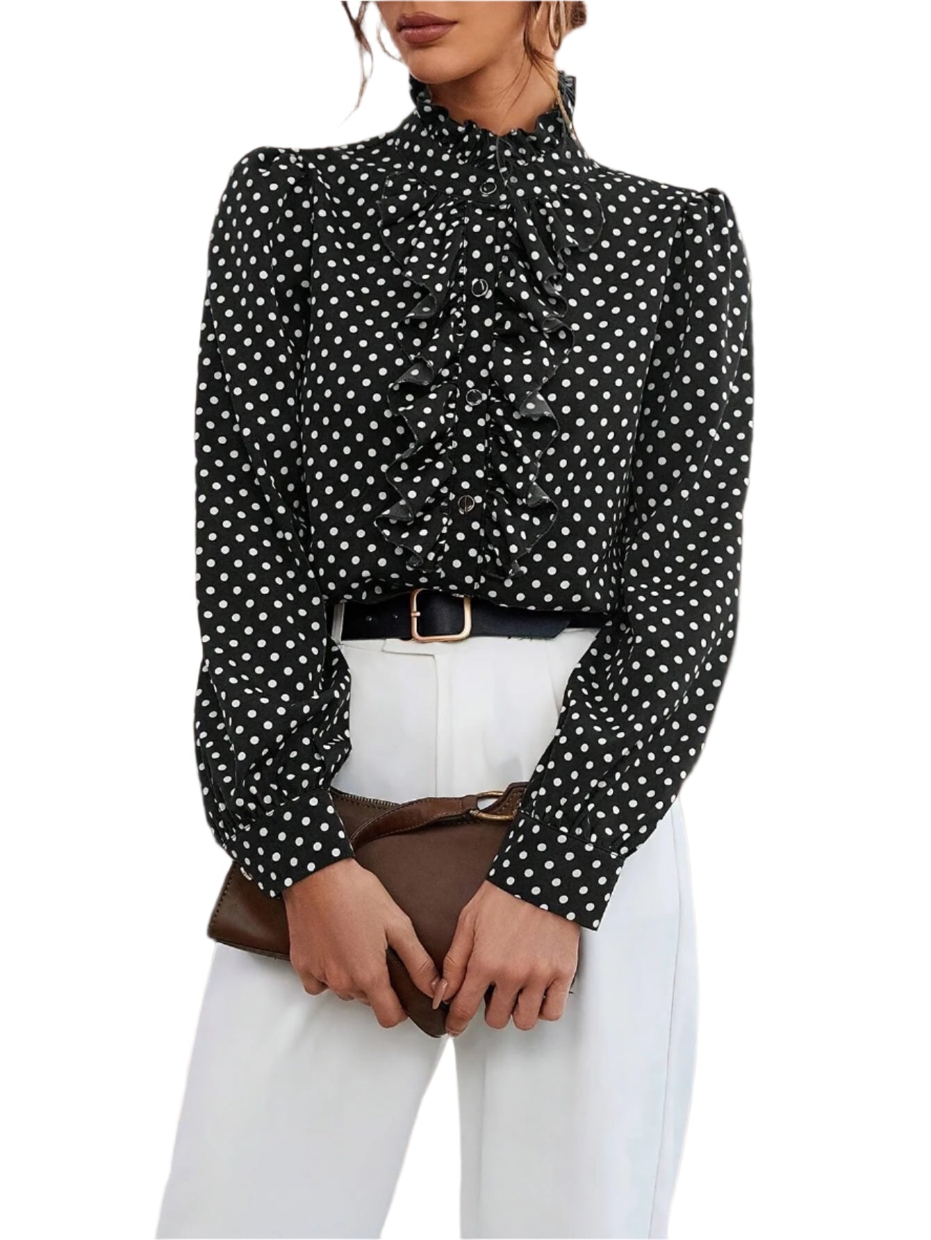 Elegant French Polka Dot Ruffle-Trim Blouse - Long Sleeve, Stand Collar, Polyester - Perfect for Evening Outings - Durage Collection