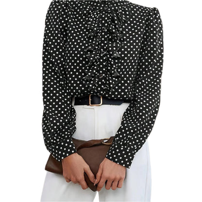 Elegant French Polka Dot Ruffle-Trim Blouse - Long Sleeve, Stand Collar, Polyester - Perfect for Evening Outings - Durage Collection