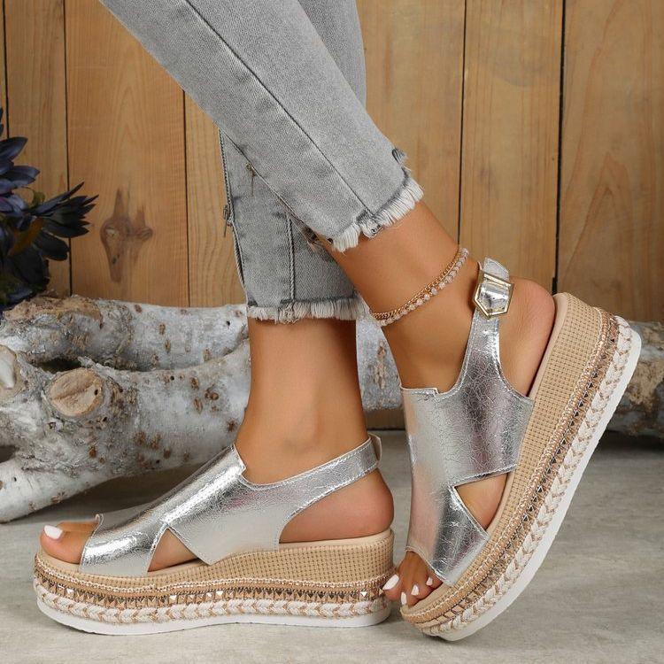 Summr Shiny Sandals Hollow Design Fish Mouth Sandal For Women Fashion Buckle Wedges Shoes - Durage Collection