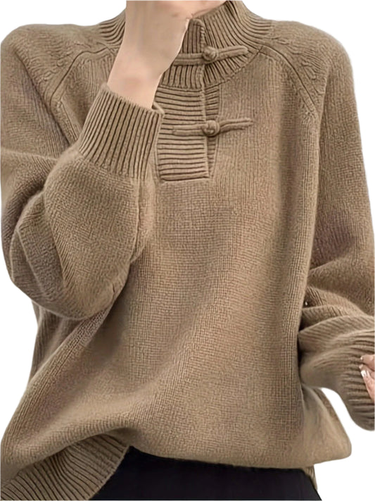 Elegant Beige Turtleneck Sweater for Women - Vintage-Inspired Ribbed Detail, Long Sleeve, Loose Fit Knit Pullover with Decorative Buttons, Perfect for Fall & Winter - Durage Collection