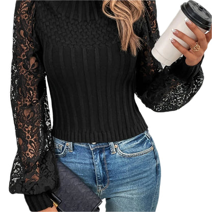 Elegant Guipure Lace Long Sleeve Turtle Neck Sweater - Women's Clothing For Fall & Winter - Durage Collection