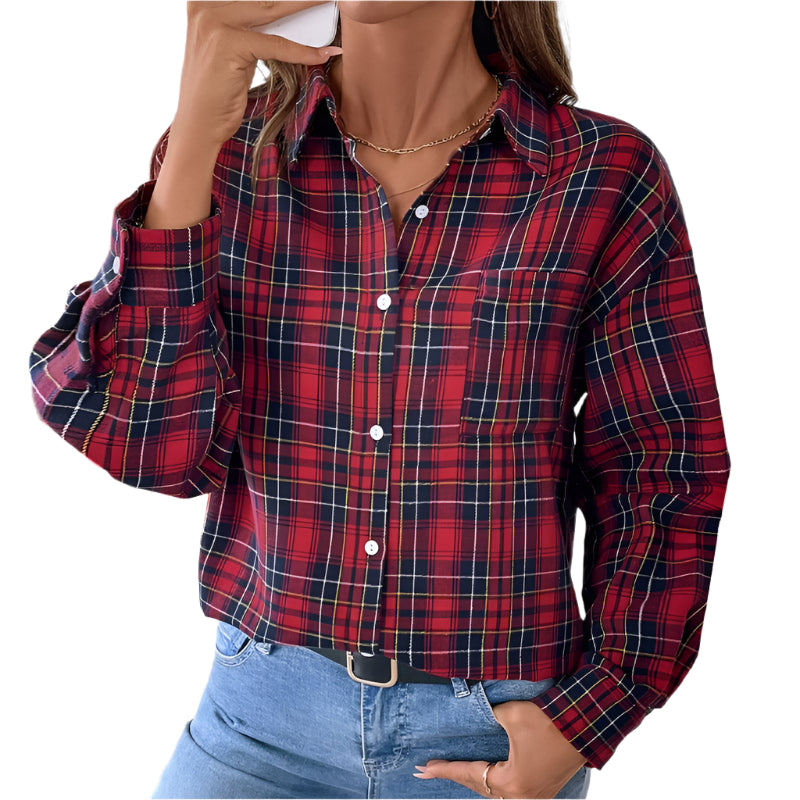 Coat Lapel Long Sleeve Plaid Shirt For Women - Durage Collection