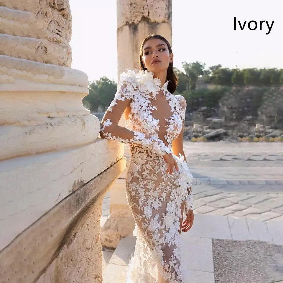 High Neck Lace Long Sleeve Floor Sweeping Boho Bridal Gown - Durage Collection