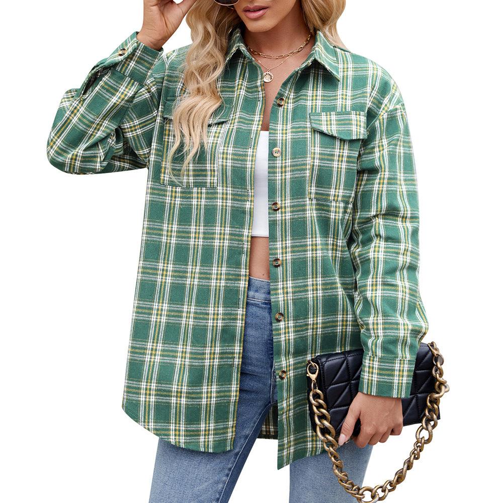 Casual Fashion Loose Plaid Pocket Shirt For Women - Durage Collection