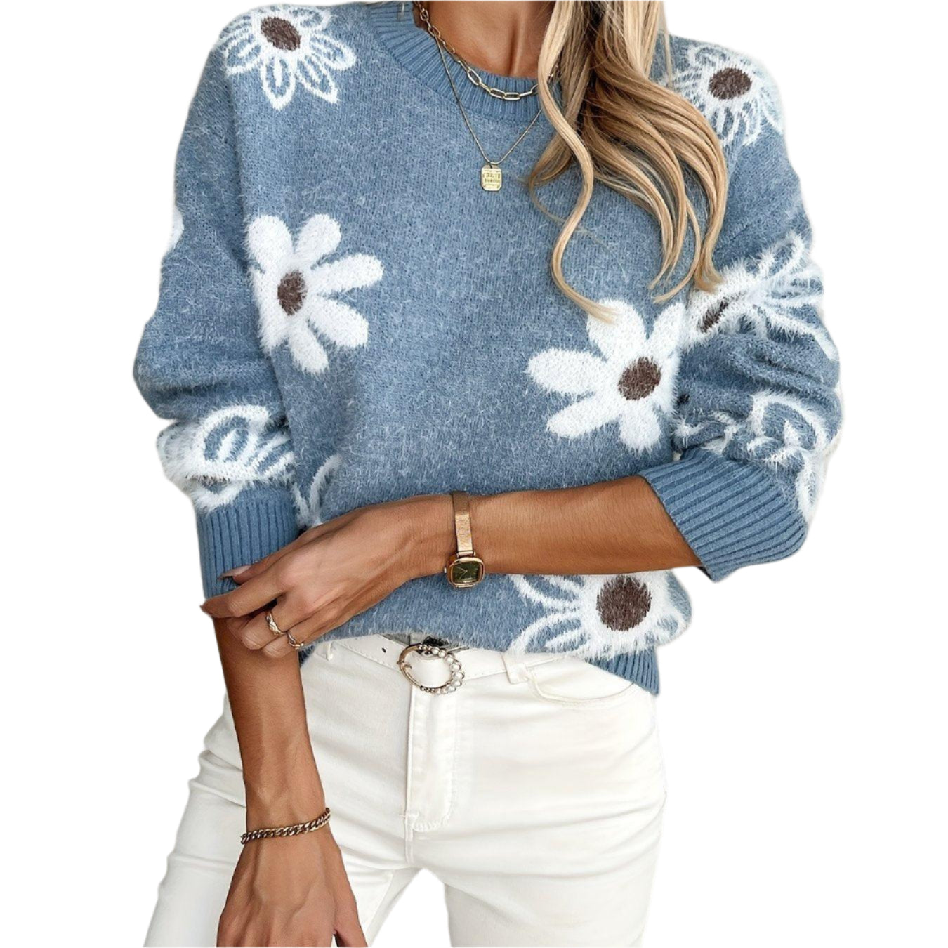 Floral Jacquard Crew Neck Sweater - Durage Collection