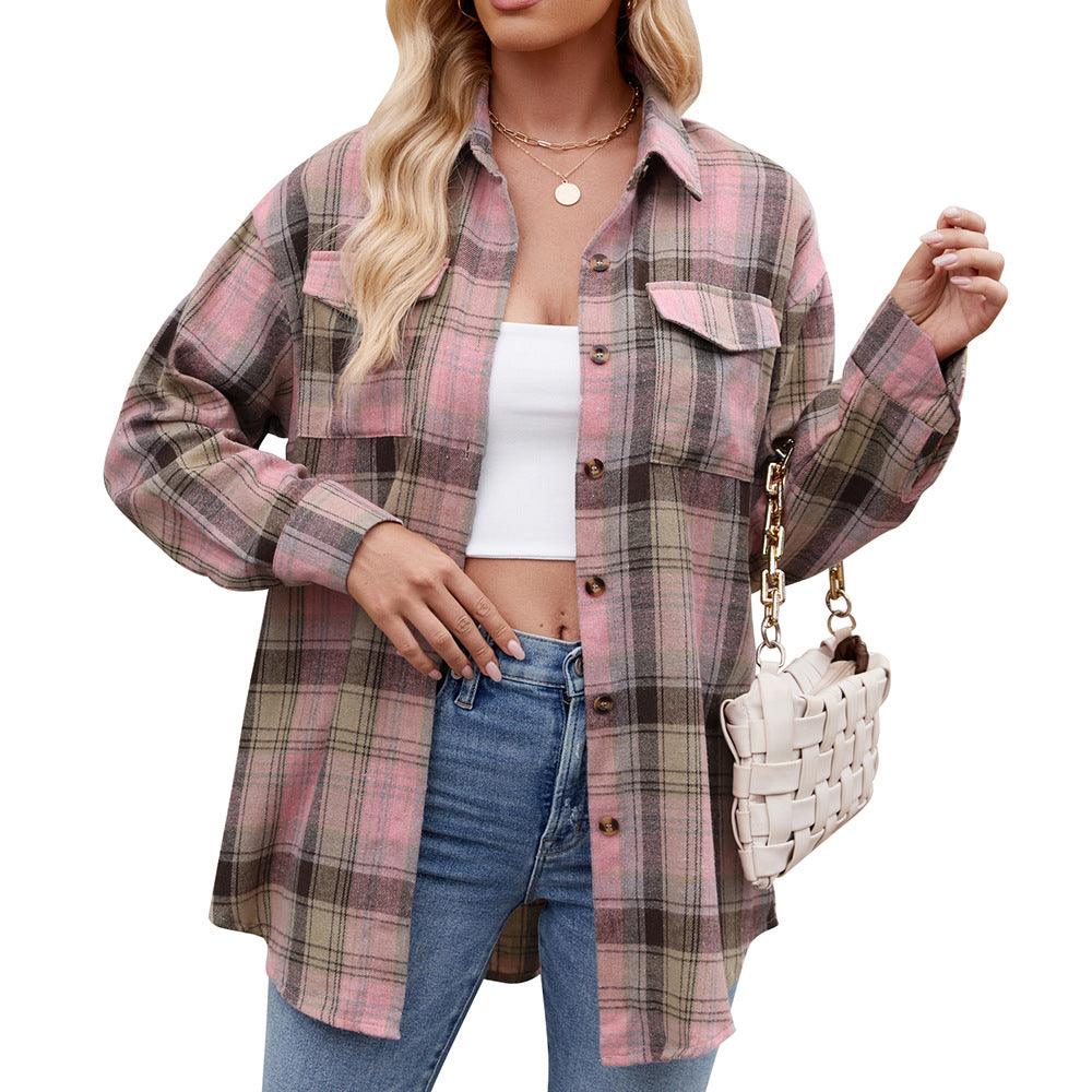 Casual Fashion Loose Plaid Pocket Shirt For Women - Durage Collection