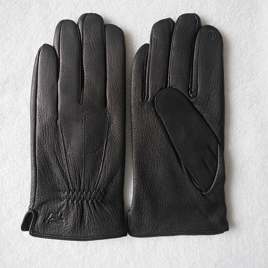 Men's Fashion Sheep Leather Gloves, High Quality Warm Lined Black Genuine Leather Gloves, Simple Business Design, Touch Screen Compatible, Non-Woven Material, Men's Winter Fingerless Gloves - Durage Collection