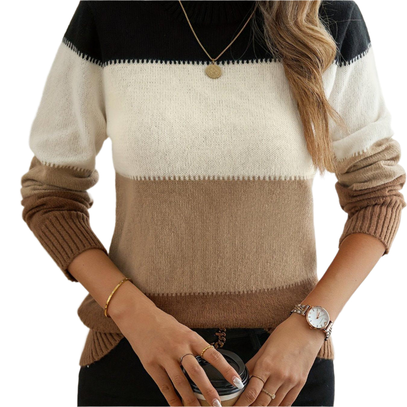 Elegant Thermal Color Block Crew Neck Sweater, Long Sleeve for Fall & Winter, Women's Clothing - Durage Collection