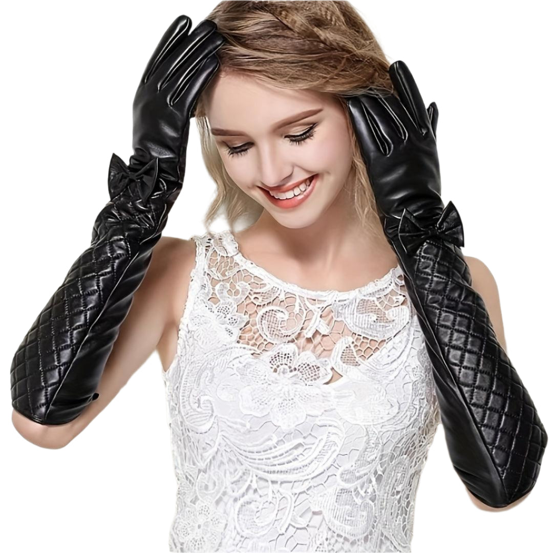 Elegant Black Sheepskin Long Gloves for Women - Velvet-Lined, Warm & Windproof, Perfect for Autumn/Winter Fashion and Outdoor Activities - Durage Collection