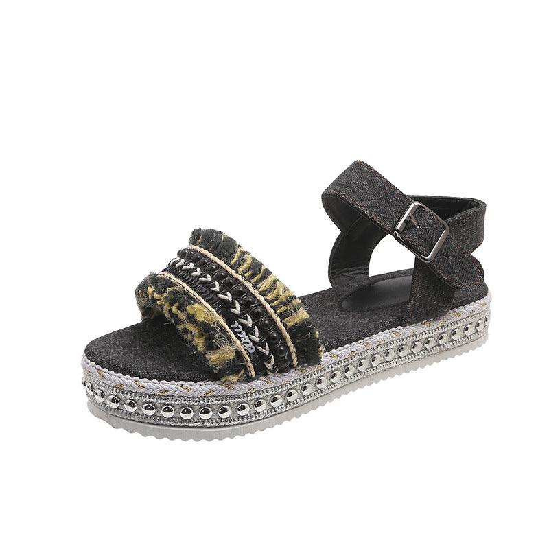 Fashion Tassel Denim Sandals With Thick-soled Flat Heel New Summer Hemp Rope Sole Ethnic Style Shoes For Women - Durage Collection