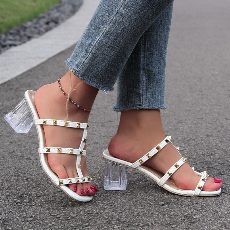 New Square Toe Transparent Sandals With Rivet Design Summer Fashion Crystal High-heeled Rivet Shoes For Women - Durage Collection