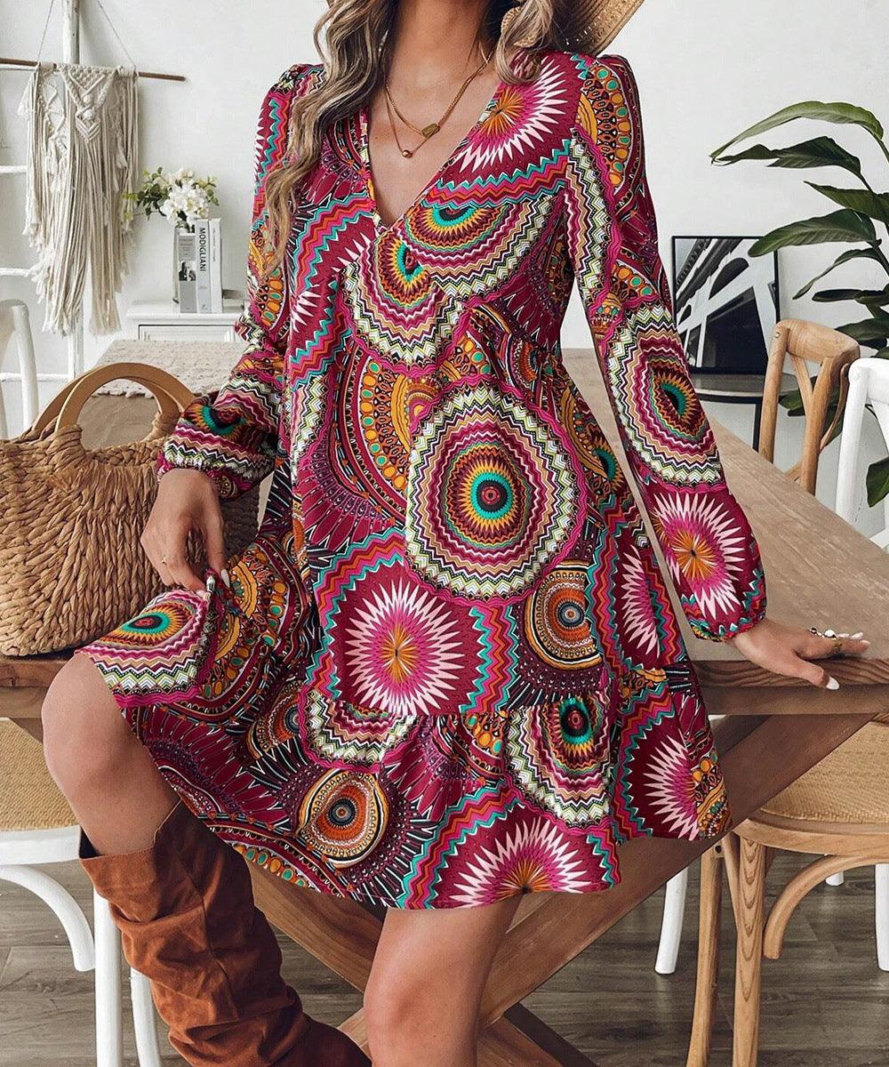 Fashion Printed Long Sleeve Dress Elegant Women - Durage Collection