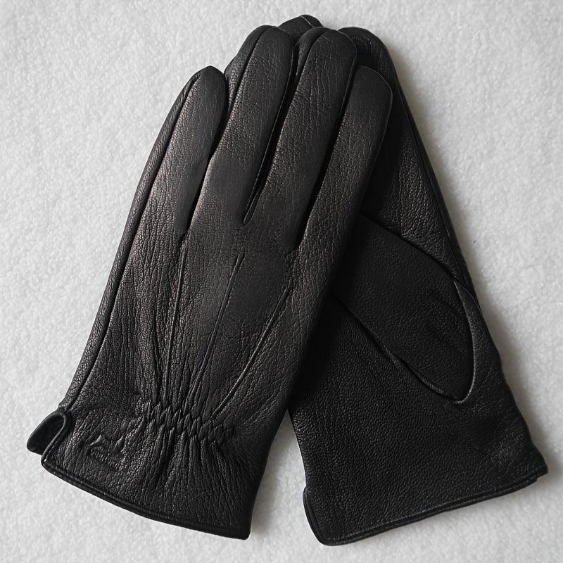 Men's Fashion Sheep Leather Gloves, High Quality Warm Lined Black Genuine Leather Gloves, Simple Business Design, Touch Screen Compatible, Non-Woven Material, Men's Winter Fingerless Gloves - Durage Collection