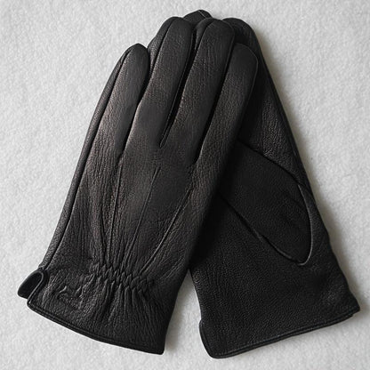 Men's Fashion Sheep Leather Gloves, High Quality Warm Lined Black Genuine Leather Gloves, Simple Business Design, Touch Screen Compatible, Non-Woven Material, Men's Winter Fingerless Gloves - Durage Collection