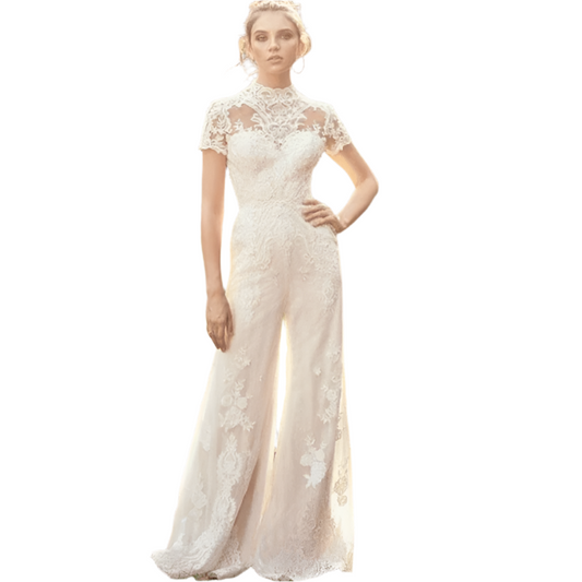 Bride Pants Suit Wedding Bridal Gowns Short Sleeve Jumpsuit - Durage Collection