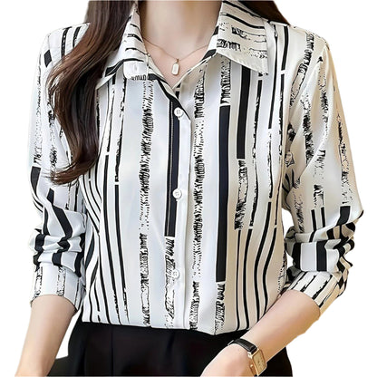 Striped Print Button Up Shirt, Elegant Long Sleeve Collared Shirt For Spring & Fall, Women's Clothing - Durage Collection