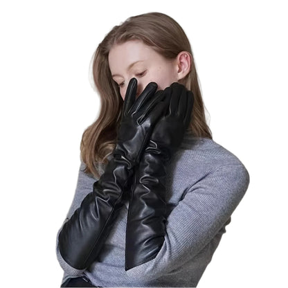 1 Pair Elegant Faux Leather Touchscreen Gloves for Women, Thick Velvet Lining, Full Hand Coverage, Non-Stretch, Solid Color, Warm Elbow Sleeves for Casual Outdoor, Driving, Cycling, Birthday Gift - Woven Craftsmanship, No Feathers - Durage Collection