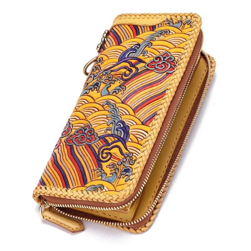 Handcrafted Genuine Leather Carved Cloud Long Wallet Clutch - Durage Collection