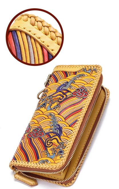 Handcrafted Genuine Leather Carved Cloud Long Wallet Clutch - Durage Collection