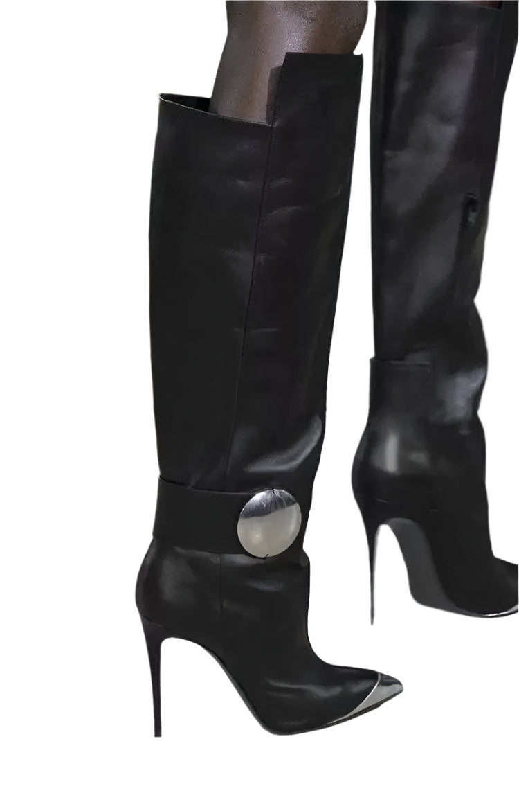 Full Cowhide High Heel Knee High Boots Women Metal Pointed Toe Side Zipper Long Boots Lady Long Boots Woman Stiletto High Heels - Durage Collection