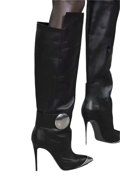 Full Cowhide High Heel Knee High Boots Women Metal Pointed Toe Side Zipper Long Boots Lady Long Boots Woman Stiletto High Heels - Durage Collection