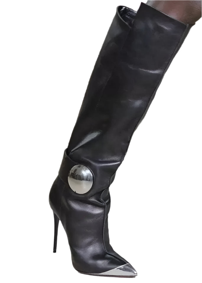 Full Cowhide High Heel Knee High Boots Women Metal Pointed Toe Side Zipper Long Boots Lady Long Boots Woman Stiletto High Heels - Durage Collection