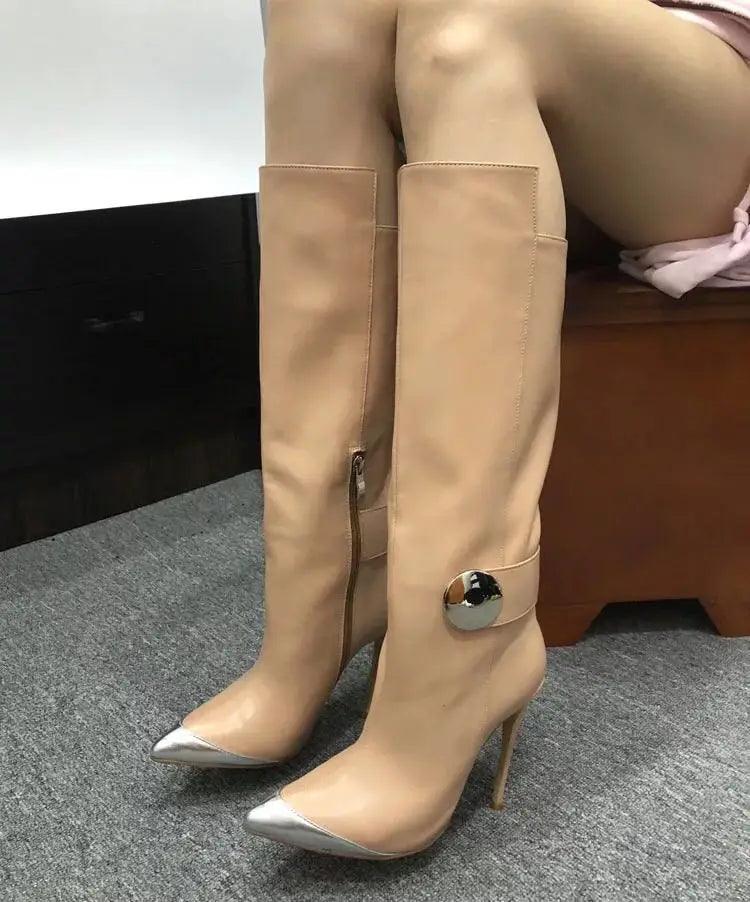 Full Cowhide High Heel Knee High Boots Women Metal Pointed Toe Side Zipper Long Boots Lady Long Boots Woman Stiletto High Heels - Durage Collection