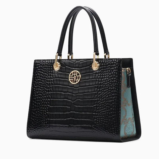 Elegant Genuine Leather Handbag with Exquisite Chinese Embroidery - Durage Collection