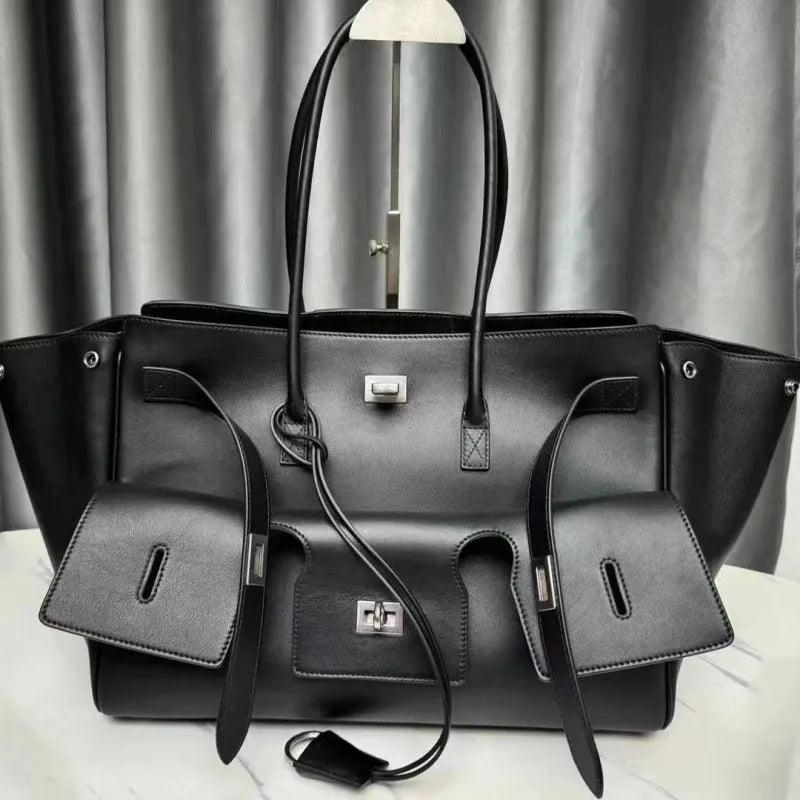 Elegant Designer Black Leather Tote with Ample Storage - Durage Collection