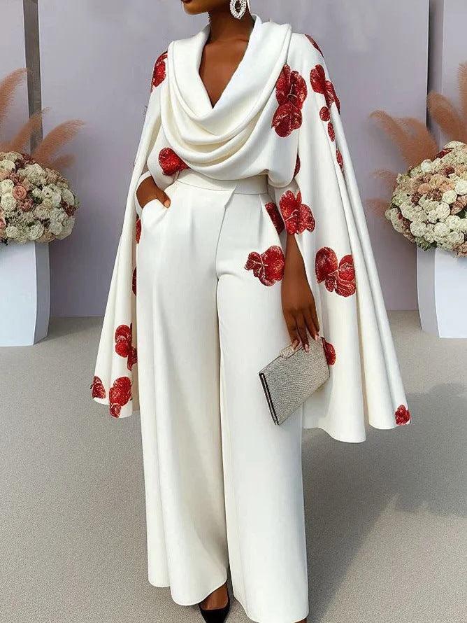 Printed Heap Collar Long Sleeves Two-piece Set Trousers Suit - Durage Collection