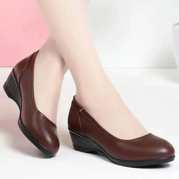 Women Fashion Light Weight Wedge Heel Comfort Spring & Autumn Shoes Lady Casual Sweet Home & Outside Black Leather Pumps E1419 - Durage Collection