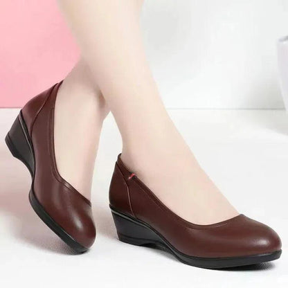Women Fashion Light Weight Wedge Heel Comfort Spring & Autumn Shoes Lady Casual Sweet Home & Outside Black Leather Pumps E1419 - Durage Collection