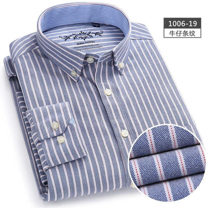 New Oxford woven men's shirt long sleeve striped fashion print casual business social breathable no-iron buckle collar - Durage Collection