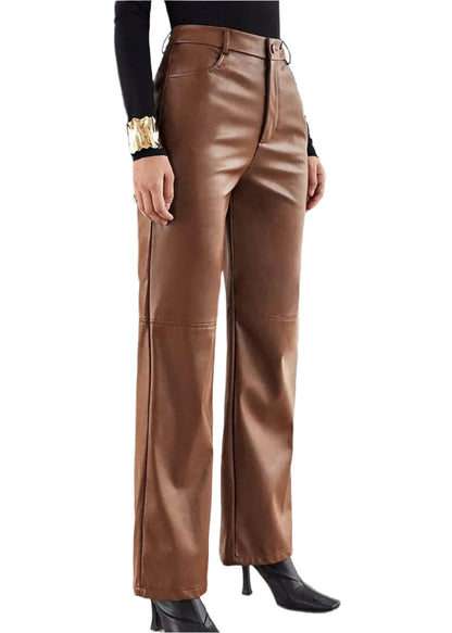 Women Leather Pants High Waist Straight Slimming Side Pockets Solid Color Casual Party Fall Trousers Spring Autumn Clothes - Durage Collection