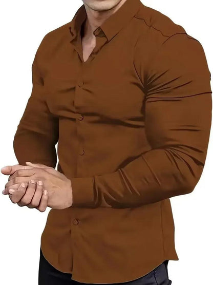 New men's solid color simple casual Korean version slim fit long sleeved shirt - Durage Collection